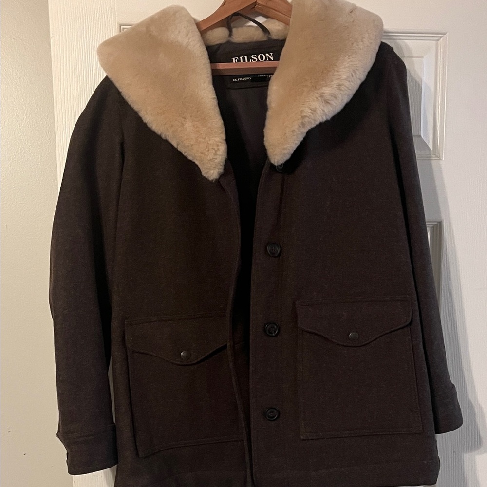 Filson Dark Brown Pea Coat with Soft Cream Collar